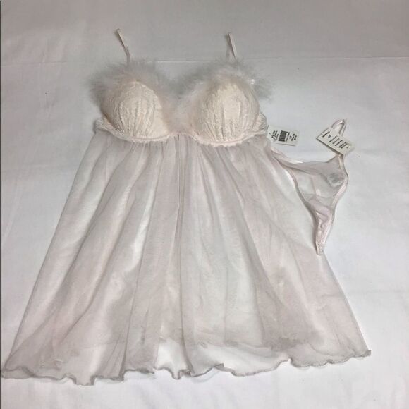 In-Bloom By Jonquil Marabou Trim Chemise & Thong - Picture 7 of 9